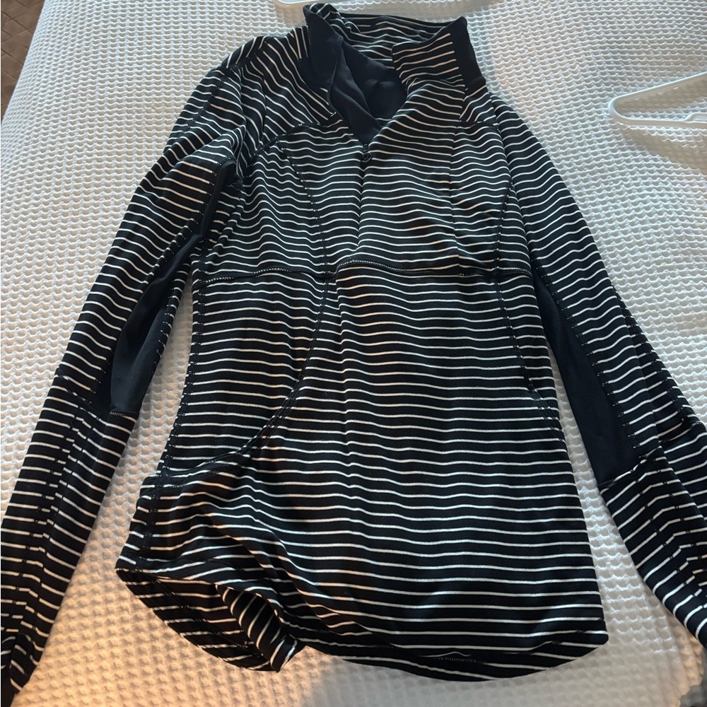 Black and White Striped Long Sleeve half zip pull over